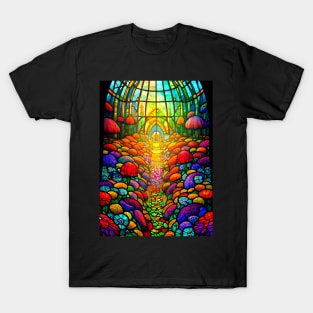 Stained Glass Flowers And Mushrooms T-Shirt